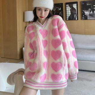 Heart Print Fleece Zip-up Jacket / Sweatshirt