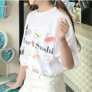 Elbow-sleeve Sushi Print T-shirt
