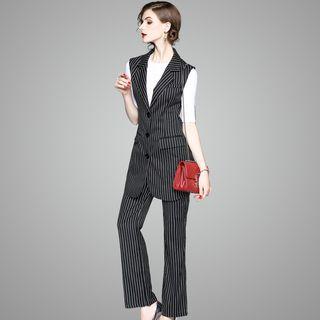 Set: Striped Long Vest + Wide-leg Pants
