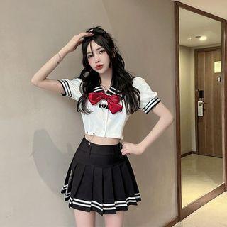 Set: Puff-sleeve Bow Accent Blouse + Striped Mini Pleated Skirt