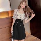 Puff-sleeve Square-neck Floral Panel Double-breasted Dress