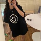 Elbow-sleeve Smiley Print T-shirt Smiley Print - Black - One Size
