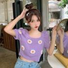 Floral Short-sleeve Cropped Sweater