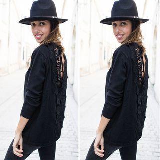 Lace Trim Long-sleeve Open Back T-shirt