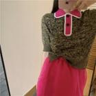 Contrast Trim Elbow-sleeve Knit Polo Shirt / Mesh Midi Straight-fit Skirt