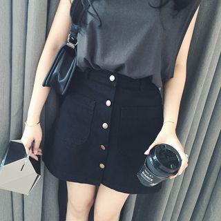 Button-front Corduroy Denim A-line Skirt