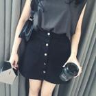 Button-front Corduroy Denim A-line Skirt