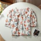 Elbow-sleeve Collared Floral Blouse Tangerine Floral - White - One Size