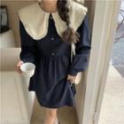Contrast Collar Mini A-line Dress Navy Blue - One Size