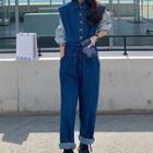 Long-sleeve Mock Two-piece Denim Panel Jumpsuit