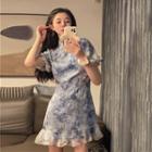 Short-sleeve Tie Dye Mini Qipao Dress