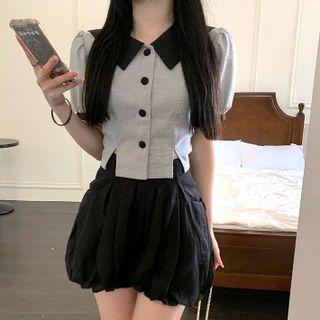Puff-sleeve Collared Button-up Top / Puff Mini Skort