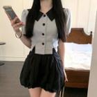 Puff-sleeve Collared Button-up Top / Puff Mini Skort