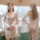 Bell-sleeve Embellished Mesh Mini Sheath Dress