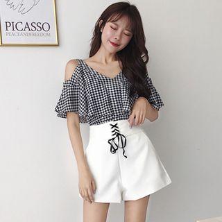 Plaid Short-sleeve Cold-shoulder V-neck Top / High-waist Shorts