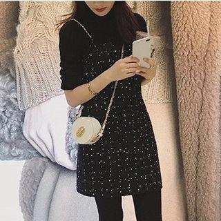 Set: Rib Knit Top + Spaghetti Strap Tweed Dress