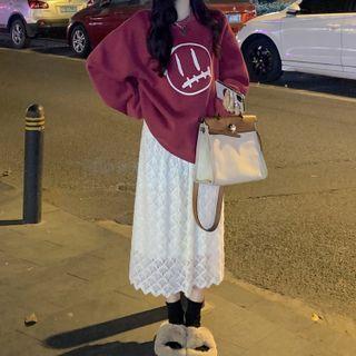 Cartoon Print Sweatshirt / Lace Midi A-line Skirt