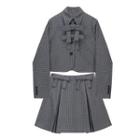 Set: Plaid Bow Shirt Jacket + Mini A-line Skirt