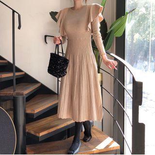 Long-sleeve Frill Trim Knit A-line Dress