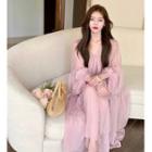 Lantern-sleeve V-neck Loose-fit Dress / Plain Slipdress