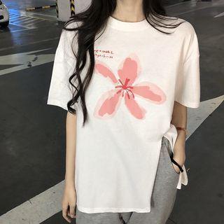 Short-sleeve Floral Print Slit T-shirt
