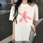Short-sleeve Floral Print Slit T-shirt