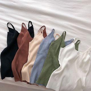 Plain V-neck Slim-fit Knit Strap Top