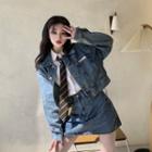 Denim Jacket / High-waist Denim Skirt / Long-sleeve Plain Shirt