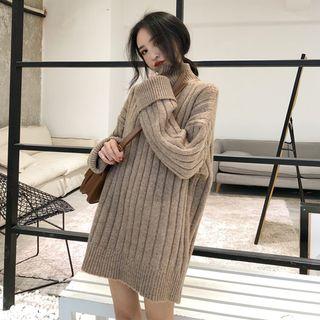 Loose-fit Mock-neck Long Knit Sweater Khaki - One Size