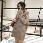 Loose-fit Mock-neck Long Knit Sweater Khaki - One Size
