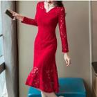 Long-sleeve V-neck Midi A-line Lace Dress