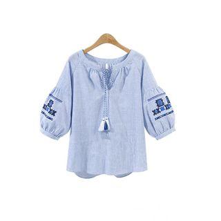 Elbow-sleeve Tie-neck Pinstriped Blouse