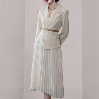 Long-sleeve Mock Two Piece Midi Dress With Belt
