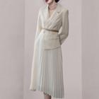 Long-sleeve Mock Two Piece Midi Dress With Belt