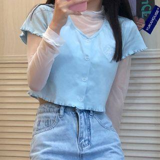 Short-sleeve Button Up T-shirt / Sheer Top