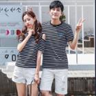 Couple Matching Striped Short Sleeve T-shirt / Cut Out Shoulder Short Sleeve T-shirt