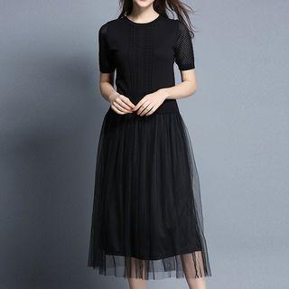 Mesh Panel Short-sleeve Knit Dress