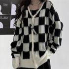 V-neck Check Knit Cardigan As Shown In Figure - One Size