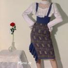 Lace Blouse / Patterned Knit Suspender Skirt / Set