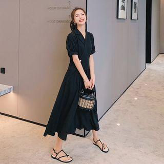 Notch Lapel Puff-sleeve Dress