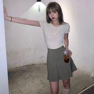 Short-sleeve Button-up T-shirt / Mini A-line Skirt