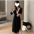 V-neck Lace Trim Long-sleeve Midi A-line Dress Black - One Size