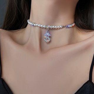 Dollar Sign Rhinestone Pendant Faux Pearl Choker White & Silver - One Size