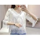 Elbow-sleeve Fringed Trim Lace Top