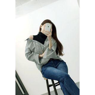 Turtle-neck Trim Striped Shirt