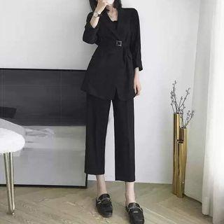 Set: Single-button Blazer + Cropped Straight-fit Pants