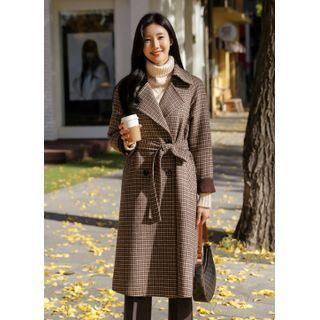 Raglan Houndstooth Long Coat With Sash Brown - One Size