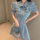 Puff-sleeve Denim Mini A-line Shirtdress