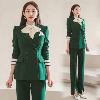Double-breasted Blazer / Long-sleeve Tie-neck Blouse / Dress Pants / Set