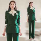 Double-breasted Blazer / Long-sleeve Tie-neck Blouse / Dress Pants / Set